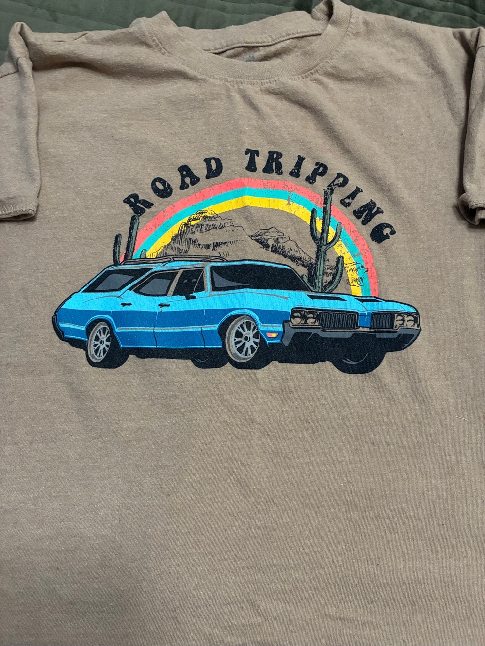 Kids 'Road Tripping' Short Sleeve Tee in Taupe with Blue Car Graphic